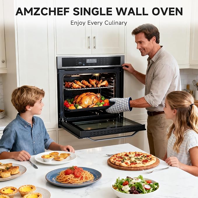 Wall-Oven-Single-Wall-Oven: AMZCHEF 24 inch Electric Wall Oven with 10 Functions, 2.5 Cu.Ft. Convection Wall Oven with Upgraded Control Panel, 2800w, 220V, Touch Control, Timer, Safety Lock
