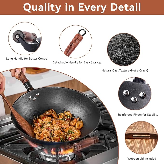 WANGYUANJI Cast Iron Wok Pan 13.4 Inch, Flat Bottom Chinese Stir Fry Wok with Wooden Lid & Handle, Textured Uncoated Large Wok Skillet for Induction Cooktop, Gas & Electric, Seasoning Recommended