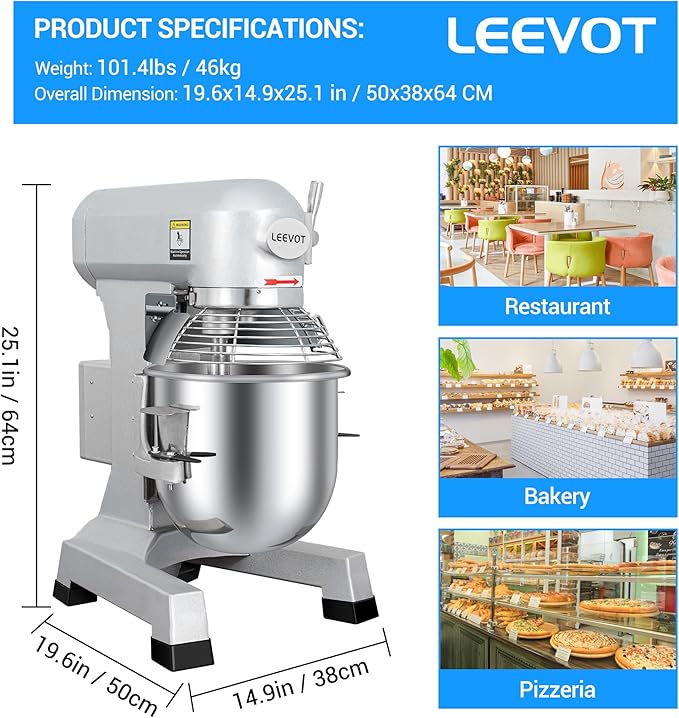 Commercial Mixer 15 QT by LEEVOT – Electric Food Mixers with Timing Function, Heavy Duty 3-Speed Dough Mixer for Baking, Pizza Dough, Bakery, Restaurant & Home Kitchen