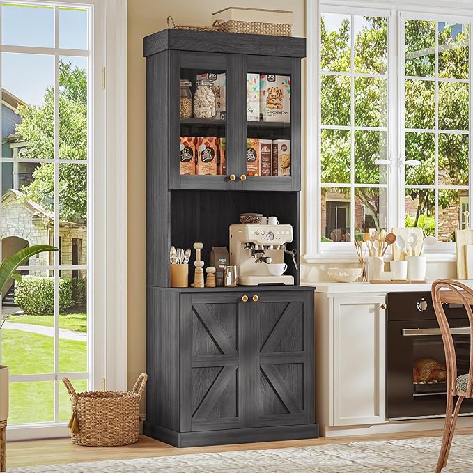 71" Tall Farmhouse Kitchen Pantry, Large Storage Cabinet with Glass Doors, Freestanding Coffee Bar Hutch with Microwave Stand, Adjustable Shelves for Kitchen, Living Room, Black 3 Pcs