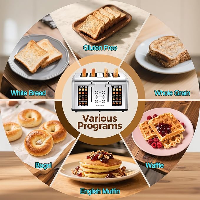 4 Slice Touch Screen Toaster, Easy-to-Use Digital Stainless Steel Toaster with Wide Slots, Reheat Defrost Cancel, Removable Crumb Tray, Silver