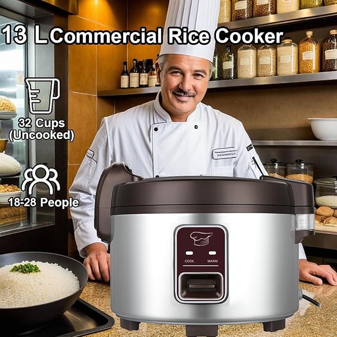 13.8 QT Large Commercial rice cooker 65 cups cooked 32 cups uncooked rice Commercial Electiric Rice Warmer for 18-28 people, with One-Touch Operation