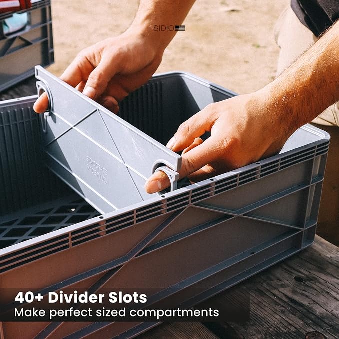 SIDIO CRATE Starter Pack - Two Full Size and One Half Size SidioCrate, Stackable Outdoor Organizer Storage Bins with Clear Lid and Dividers - Tan