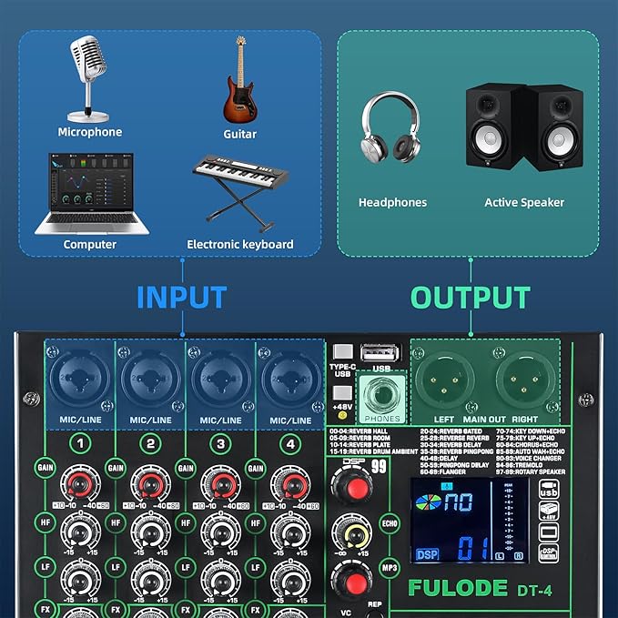 DT-4 Professional 4 Channe Audio Mixer，DJ Controller Sound Board Mixing with 99 DSP Effects,5-Band EQ/4 XLR interfaces and USB for Live Streaming & Recording，48V Phantom Power & Vocal Removal