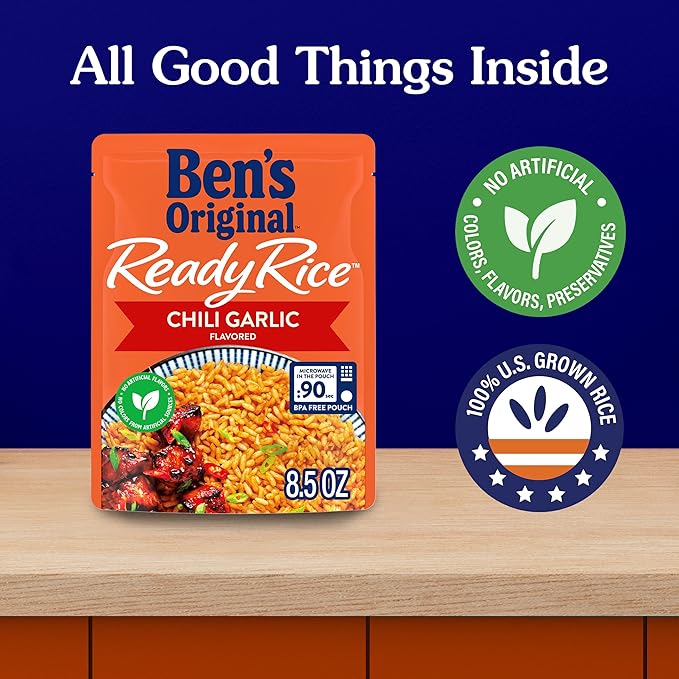 Ben’s Original Ready Rice Chili Garlic Flavored Rice, Easy Dinner Side, 8.5 oz Pouch (Pack of 12)