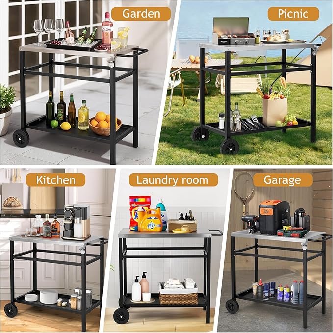 ROVSUN Upgraded Grill Dining Cart Table, Stainless Steel Bar Table Top, Movable Kitchen Island Stand for Outdoor Food Prep, Pizza Oven, Charcoal Accessories, Patio, Garden, Parties