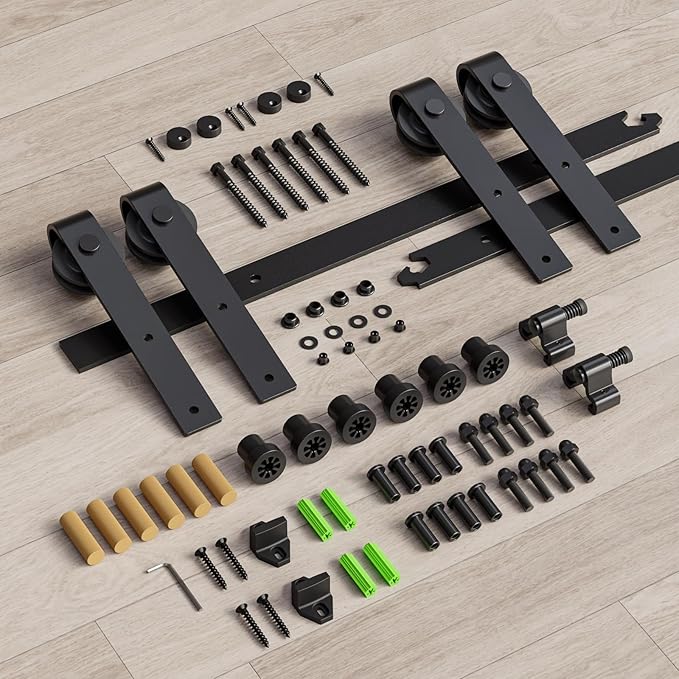 CCJH 9.6FT Sliding Barn Door Hardware Kit, Heavy Duty, Smoothly and Quietly, Easy to Install, Fit 28.8" Width Double Door Panel, Basic Style Hangers Black