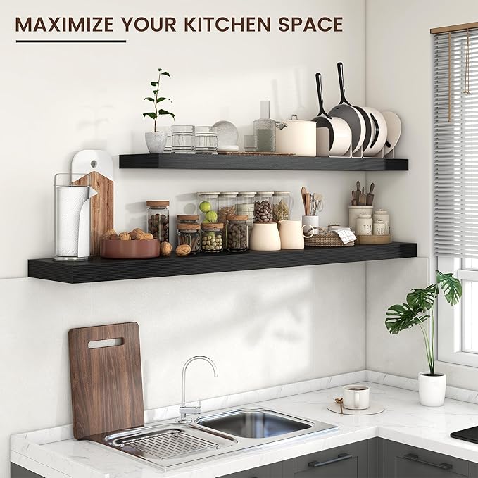 Floating Shelves for Wall 72"W x 11.6"D x 2"H, Long Engineered Wood Wall Shelves with Invisible Brackets for Living Room Bedroom Bathroom Office Kitchen Decor and Storage, Black Finish, Set of 1