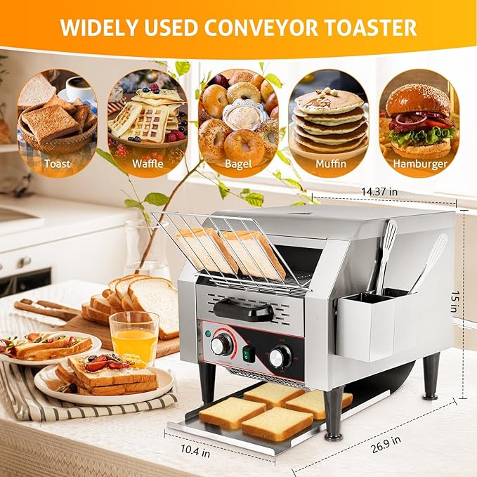 Commercial Toaster - 300 Slices/Hour Electric Conveyor Toaster 1900W Commercial Stainless Steel Toasters for Restaurant Buffets Bagel Beard Heavy Duty with Handle