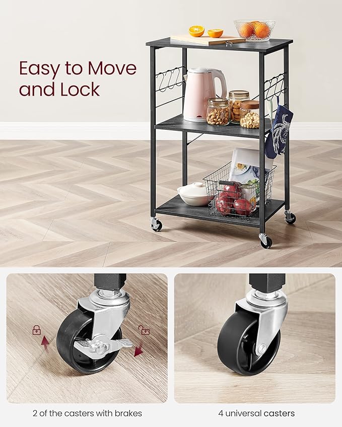 VASAGLE Kitchen Shelf on Wheels, 23.6 Inches Serving Cart with 3 Shelves, Kitchen Cart, Microwave Shelf, for Mini Oven, Toaster, with 6 Hooks, Industrial Style, Ebony Black and Ink Black UKKS060B42