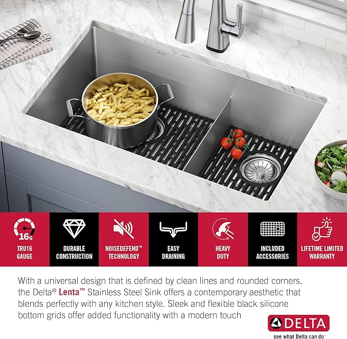 DELTA FAUCET Delta Lenta 32-inch Undermount 16 Gauge Stainless Steel Double Bowl Kitchen Sink with Accessories, 953034-32D6-SS, Satin, 32 Inch - Double Bowl
