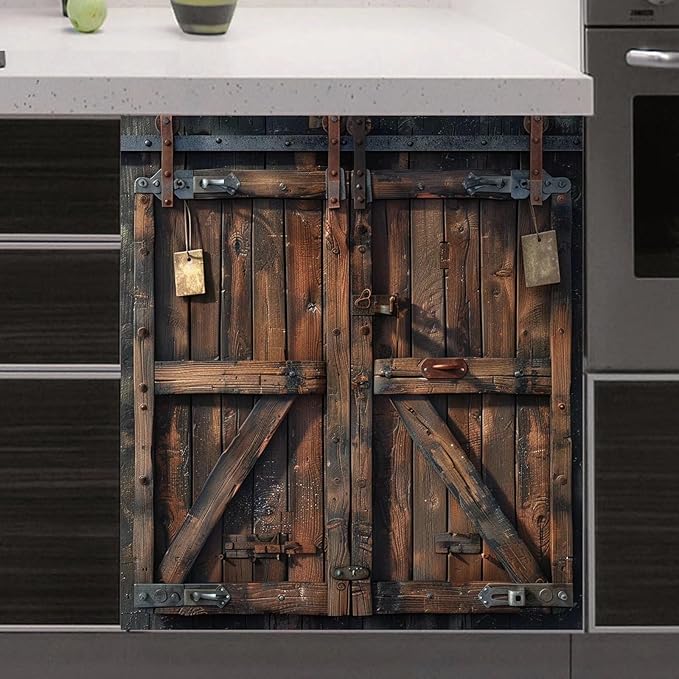 Barn Wooden Door Dishwasher Cover Panel Sticker, Vintage Wooden Door Skin Cover for Dishwasher Refrigerator Cabinets (23" x 26" Ordinary)