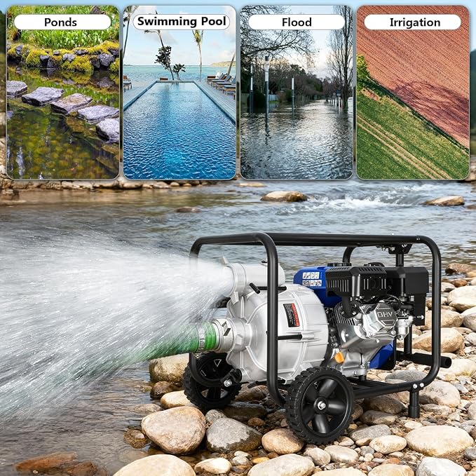 BILT HARD 3 Inch Trash Pump, 290 GPM 7HP Gas Powered Water Pump, 212cc 4-Cycle Engine with Handle and Wheels, 50 ft Discharge Hose, 15 ft Suction Hose with Complete Fittings, EPA Certified