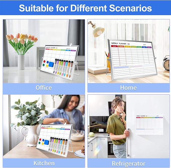 3 in 1 Colorful Magnetic Dry Erase Weekly Planner&Monthly Calendar& 16"x12" Double Sided Magnetic Desktop Whiteboard with Stand,8 Markers, 4 Magnets, 1 Eraser for Office,School,Home