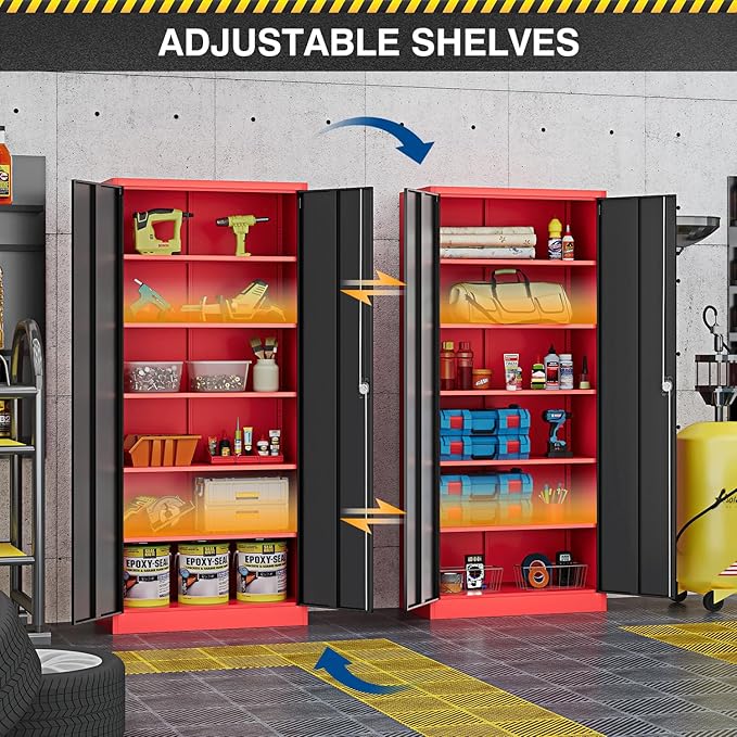 Metal Storage Cabinet-71” Tall Steel File Cabinets with Lockable Doors and Adjustable Shelves-Black&Red Steel Storage Cabinet for Home,Kitchen, School, Office, Garage