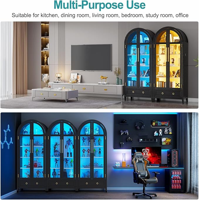 Lvifur 73" Tall Arched Display Cabinet with Glass Doors,4-Tier Curio Cabinets with 3 Color Lights for Collectibles,LED Storage Cabinet with Human Body Sensor,Ajustable Shelf for Toys, Books,Black
