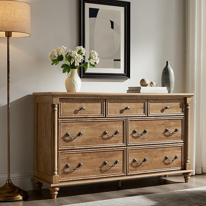 T4TREAM Farmhouse 7 Drawers Dresser Chests for Bedroom with 4 Solid Wood Feet, Tall Wide Wood Country Rustic Chest of Drawers, Storage Dressers for Bedroom, Living Room, Light Tree Knot