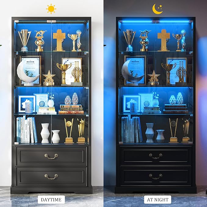 67" Tall Display Cabinet with Glass Doors and 2 Drawers, Adjustable Glass Height Bookcase, Curio Cabinet with 3 LED Lights and Human Body Sensor (Black)