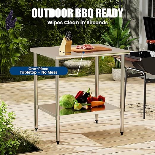 Stainless Steel Work Table 30 x 36 Inch with Adjustable Undershelf, Heavy-Duty Metal Prep Table for Commercial Kitchen & Restaurant, Garage, Outdoor