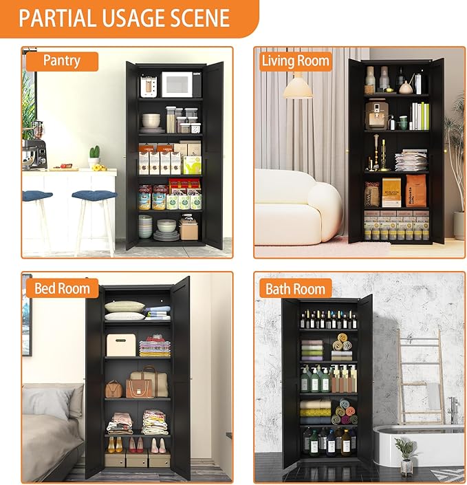 Food Pantry Cabinet, 71" Kitchen Pantry Storage Cabinets with Doors and Adjustable Shelves, Metal Hutch Cabinet with Storage for Kitchen, Living Room, Dining Room, Black