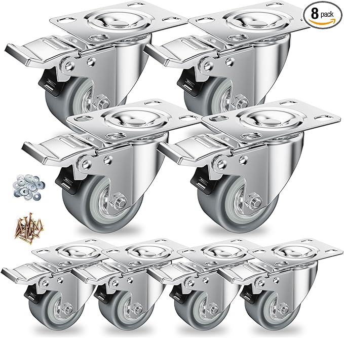2 inch Caster Wheels, Casters Set of 8 Heavy Duty - CLOATFET Locking Casters, Swivel Caster Wheels with Brake (Top Plate), Non Marking Grey TPR Rubber Castor Wheels for Cart Furniture Workbench