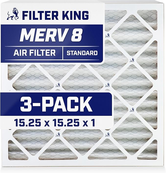 Filter King 15.25x15.25x1 Air Filter | 3-PACK | MERV 8 HVAC Pleated A/C Furnace Filters | MADE IN USA | Actual Size: 15.25 x 15.25 x .75"