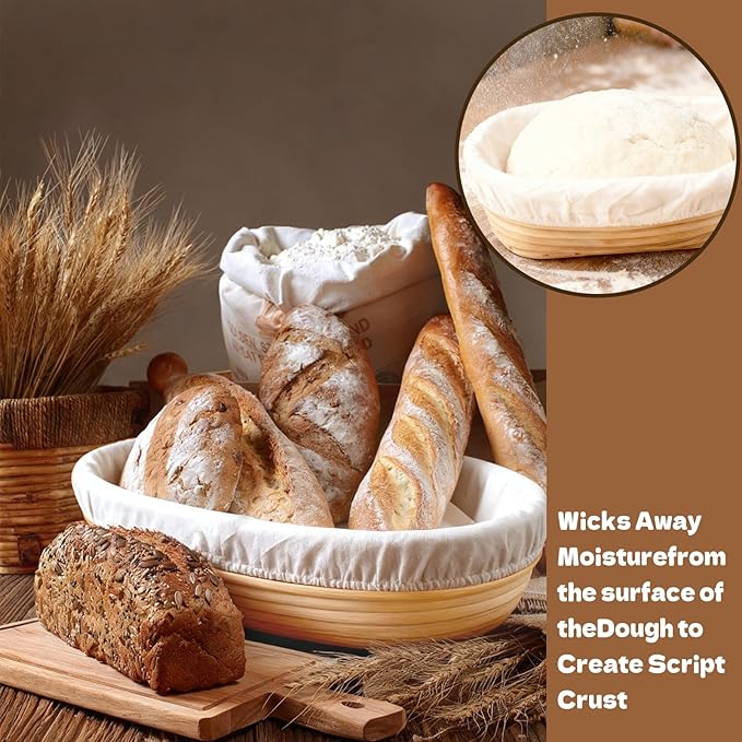 8 Sets Bread Proofing Baskets Bulk Banneton Bread Proofing Basket with Cloth Liners and Dough Scrapers Natural Rattan Banneton Sourdough Bowl Basket for Bakers(10 Inch)