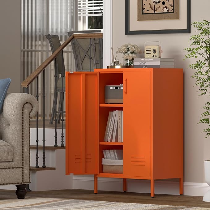 Metal Locker Cabinet,Morden Storage Cabinet with 2 Adjustable Shelves,Metal Storage Cabinets with 2 Doors for Home Office.Entryway,Orange
