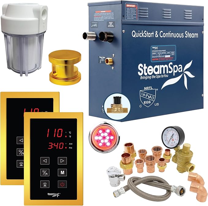 SteamSpa Executive 9 KW QuickStart ACU-Steam Bath Generator Package with Built-in Auto Drain and Install Kit in Polished Gold | Steam Generator Kit with Dual Control Panel Steamhead 240V | EXT900GD-A