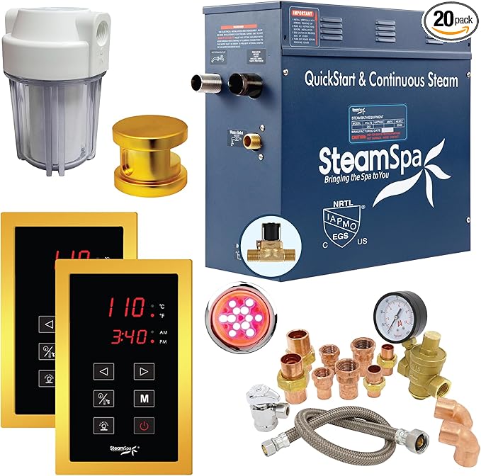 SteamSpa Executive 6 KW QuickStart ACU-Steam Bath Generator Package with Built-in Auto Drain and Install Kit in Polished Gold | Steam Generator Kit with Dual Control Panel Steamhead 240V | EXT600GD-A