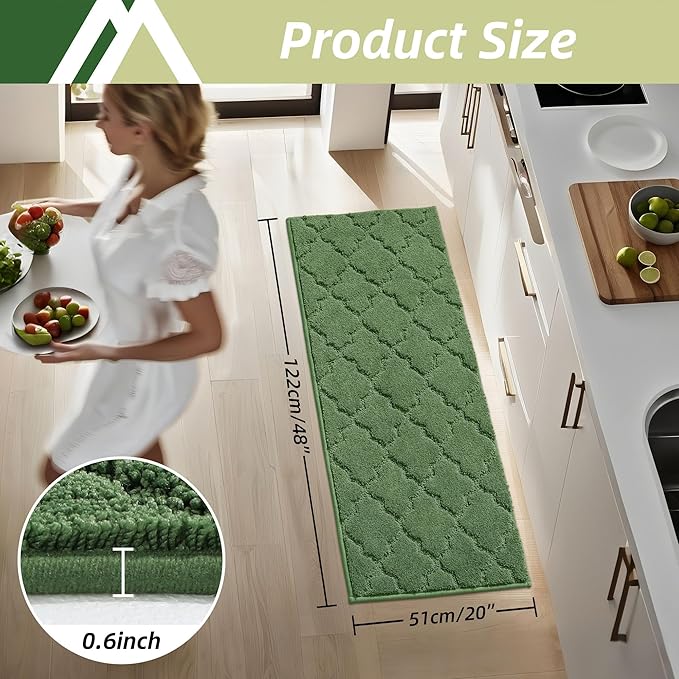 COSY HOMEER Kitchen Rugs 20"x48" Non-Slip Absorbent Soft Kitchen Runner Rug Polyester Kitchen Mats for Floor Washable Kitchens Standing Floor Mat for Sink Mat,Hallway,Laundry,Green
