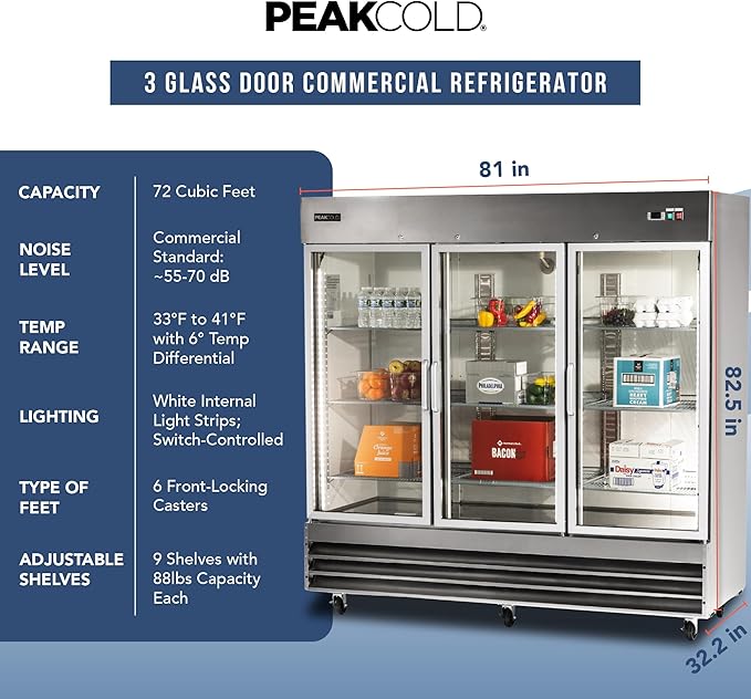 PEAKCOLD 3 Glass Door Commercial Refrigerator - 72 Cubic Ft, 81" Wide Stainless Steel Reach-In Commercial Refrigerator with White Internal Lighting - Freestanding Industrial Fridge