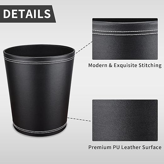 GORESE Pu Leather Trash Can, 2.6 Gallon Black Bathroom Trash Can, Small Office Garbage Can Wastebasket for Bedroom, Kitchen, Round Trash Bin Decorative Under-Sink/Desk/Home Easy to Clean