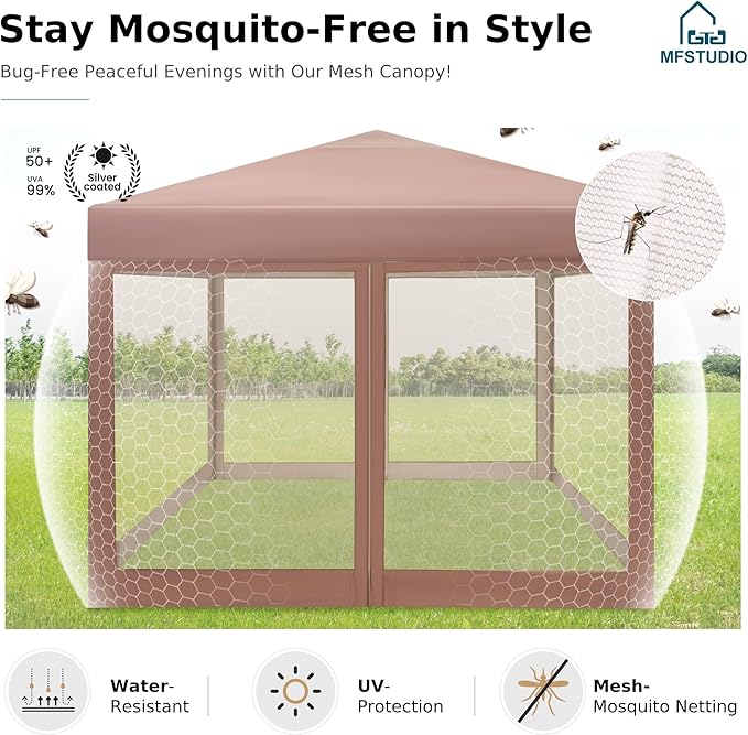 MFSTUDIO 10'x10' Pop Up Canopy Tent with Netting, Portable Instant Folding Canopy, Outdoor Canopy Screen Event Tent with 4 Zippered Mesh Netting for Garden, Brown