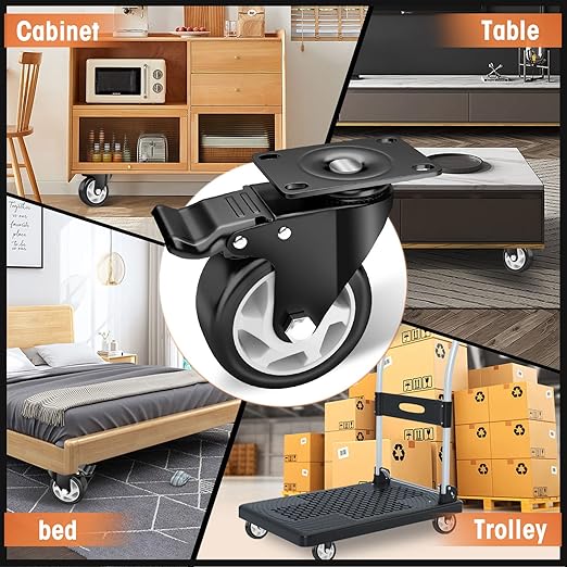 4" Caster Wheels, Casters Set of 4 Heavy Duty - ASRINIEY Black Polyurethane Castors, Top Plate Swivel Wheels, 4-Pack Industrial Casters with Brake, Locking Caster for Furniture and Workbench