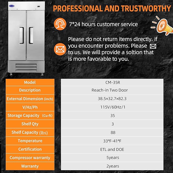 39.5" W Commercial Refrigerator with 2 door Stainless Steel 35 Cu. Ft Reach-in Refrigerator 6 Adjustable shelves Fan Cooling Fridge for Restaurant, Commercial Kitchen, Shop, ETL Certification