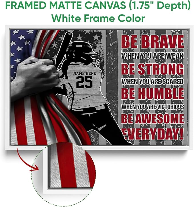 Personalized Softball Poster & Framed Canvas, Softball Player Be Awesome Everyday Home Office Decor, Custom Name Number Bedroom Living Room Aesthetic Wall Art Gift For Girl, Daughter