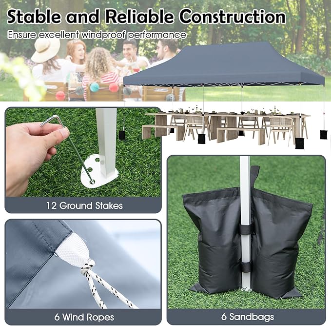 Tangkula 10x20 Ft Pop Up Canopy, Instant Setup Tent with 6 Sandbags, 12 Stakes & 6 Ropes, UPF 50+ Portable Outdoor Canopy Tent with Carrying Bag for Camp, Beach, Patio (Gray)