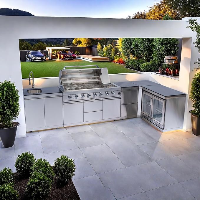 157-Inch 6-Burner 96000 BTU Propane Gas Outdoor Kitchen Island - Stainless Steel Grill with Wine Cooler, Rotisserie, Granite Countertops, Storage Cabinets & Drawers, Silver