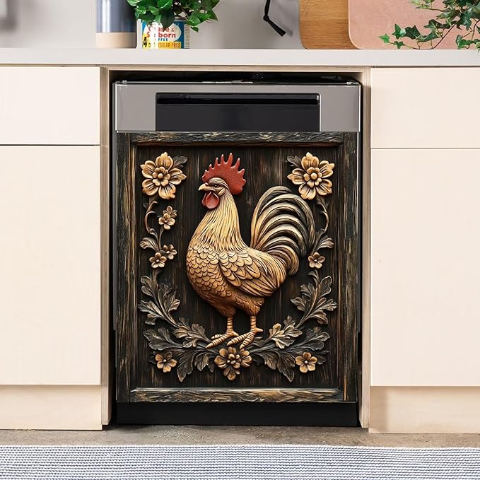 Rustic Farmhouse Rooster Dishwasher Magnet Cover,Vintage Rooster Wood Floral Magnetic Dishwasher Cover Vinyl Sticker,Fridge Door Cover Magnets Art Skin Panel Decal,Home Decor Decal,23"X26"