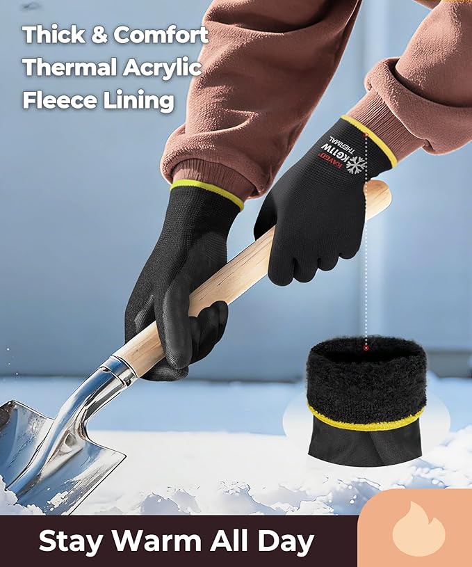 KAYGO Winter Work Gloves for Men and Women, 12 Pairs Thermal Insulated Safety Work Gloves PU Coated, Smooth Grip on Palm & Fingers,Ideal for Freezer Work,Black,M