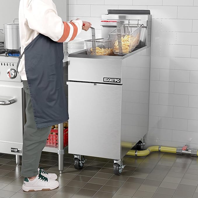 EGGKITPO Commercial Natural Gas Fryer 90,000 BTU Stainless Steel Floor Fryer with 40lbs Oil Capacity CSA Certified Deep Fryer with 2 Baskets and 3 Heating Tubes for Restaurants Food Truck Use
