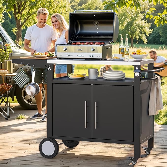 Outdoor Kitchen Storage Cabinet on Wheels, Grill Prep Table Kitchen Cabinets Island with Stainless Steel Top, Extension Plate, Outdoor Pizza Oven Stand Table for BBQ Patio Backyard