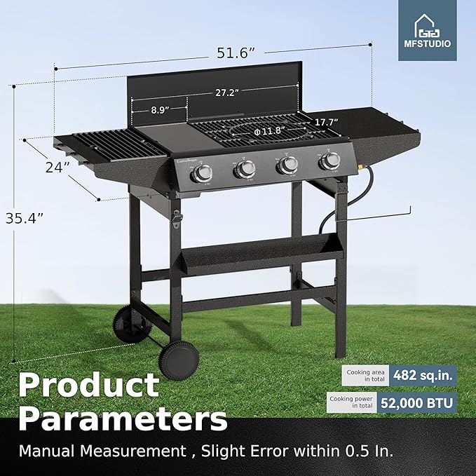 MFSTUDIO 3-in-1 Stove and Griddle Combo Gas Grill 4-Burner Propane Grills 52,000 BTU High Output for Outdoor Patio Barbecue and Meals