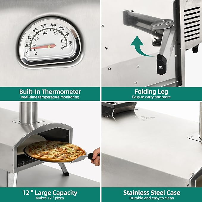 YTIAHOME 12" Pizza Oven, Multi-Fuel Outdoor Pizza Oven with Rotating and Built-in Thermometer, Dual Fuel Pizza Maker with Peel, Stone, Carry Cover, Recipes for Backyard Party Christmas Gifts