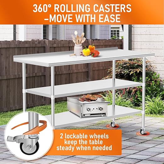 Stainless Steel Prep Table 24" X 60" with 2 Adjustable Undershelves, Backsplash and Wheels, Commercial Metal Workstations for Kitchen, Garage, Outdoor BBQ