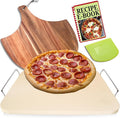 Pizza Stones for Oven and Grill - Pizza Stone with Handles, Wooden Peel and Dough Tool - 15 inch x 12 inch Rectangular Pizza Grill Stone - Baking Stone for Bread - Pizza Making Set