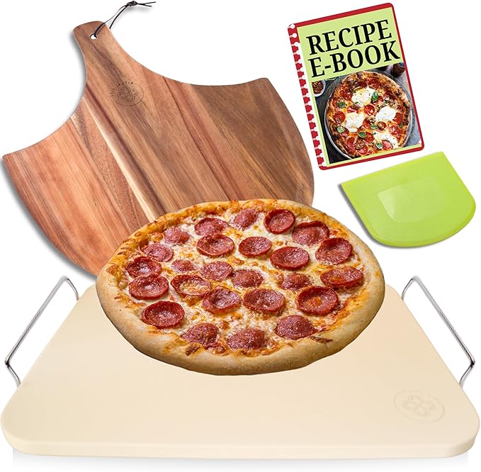 Pizza Stones for Oven and Grill - Pizza Stone with Handles, Wooden Peel and Dough Tool - 15 inch x 12 inch Rectangular Pizza Grill Stone - Baking Stone for Bread - Pizza Making Set