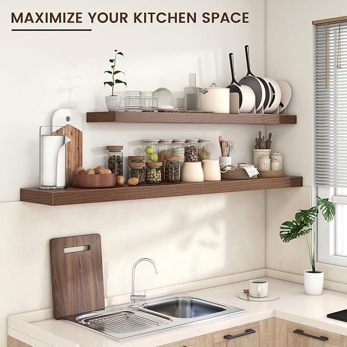 Floating Shelves for Wall 72"W x 11.6"D x 2"H, Long Engineered Wood Wall Shelves with Invisible Brackets for Living Room Bedroom Bathroom Office Kitchen Decor and Storage, Walnut Finish, Set of 1