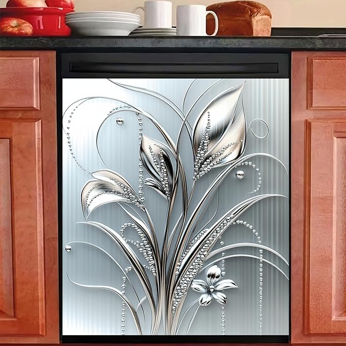 Grey Metal Silver Flower Leaf Pattern Magnetic Dishwasher Cover Sheet Polishing Dishwasher Skin Decor Anti-Scratch Kitchen Decorative Magnetic Stickers Fridge Refrigerator Panel 23x26 Inch